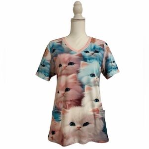 Pink & Blue Cat Print V-Neck Nursing Medical Scrub Top Women’s Medium
